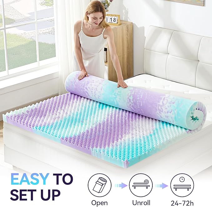 SINWEEK 3 Inch Egg Crate Memory Foam Mattress Topper Twin Size, Soft Mattress Pad for Back Pain Relief, Bed Topper, CertiPUR-US Certified, Colorful