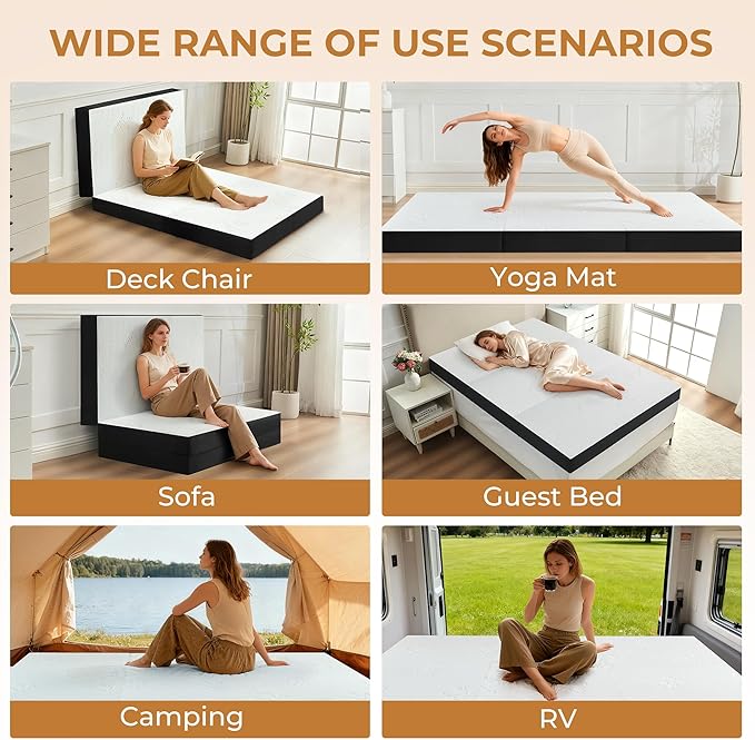4 Inch Trifold Mattress, Twin Size Foldable Memory Foam Mattress with Viscose Derived from Bamboo Washable Cover, Folding Mattress Topper Floor Bed for Camping, Guest, RV, Ventilated