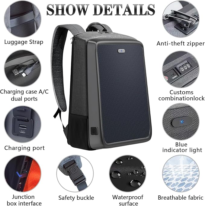15.6 Inch Laptop Travel Backpack Solar Panel with Multiple USB Fast Charging, Lightweight Tech Backpack, TSA Friendly Airline Carry‑On Compliant, Waterproof Anti-Theft Bag for Work Travel