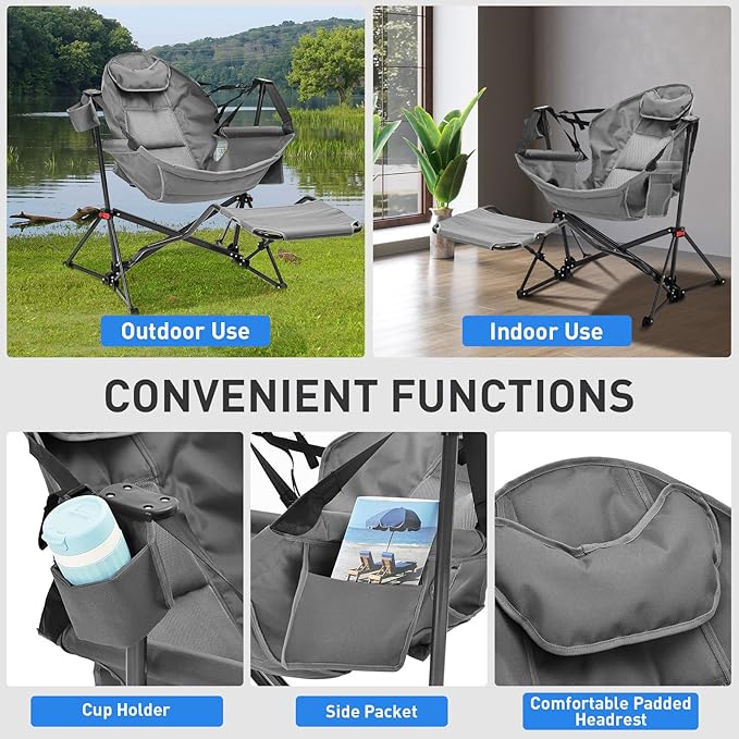 Ainfox Hammock Camping Chair with Footrest, Heavy Duty Foldable Portable Rocking Hammock Chairs Outside Swinging Camp with Cup Holder Pillow for Outdoor Patio Poolside Grey Blue