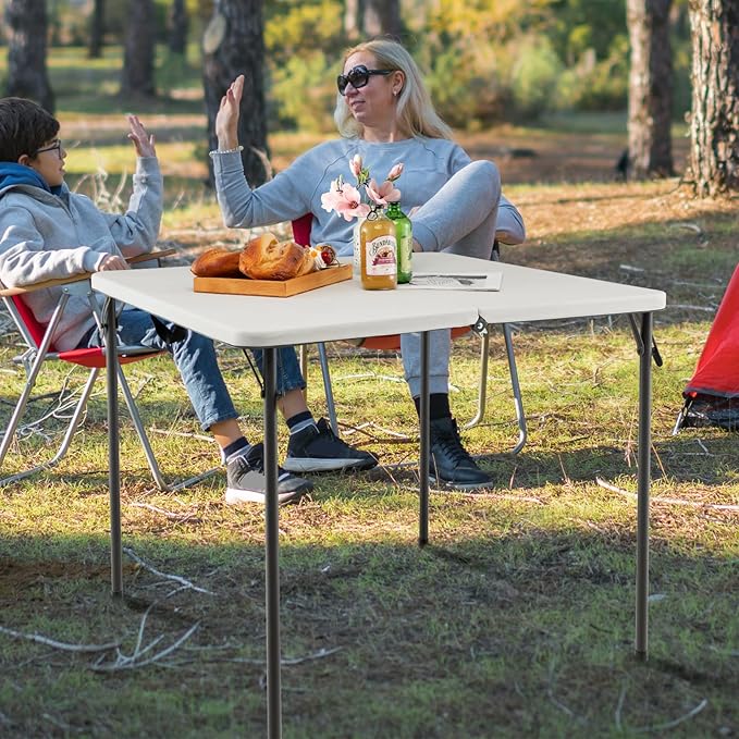 Goplus 34" Square Folding Card Table, Portable with Handle, White Indoor Outdoor Utility Table for Picnic, Party, Dining, Camping, BBQ