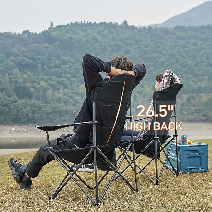 EVER ADVANCED Folding Camping Chair with High Back Padded 2 Pack Oversized Portable Lawn Chairs Lightweight Sturdy Steel Foldable Outdoor Camp Chair for Adults, Black