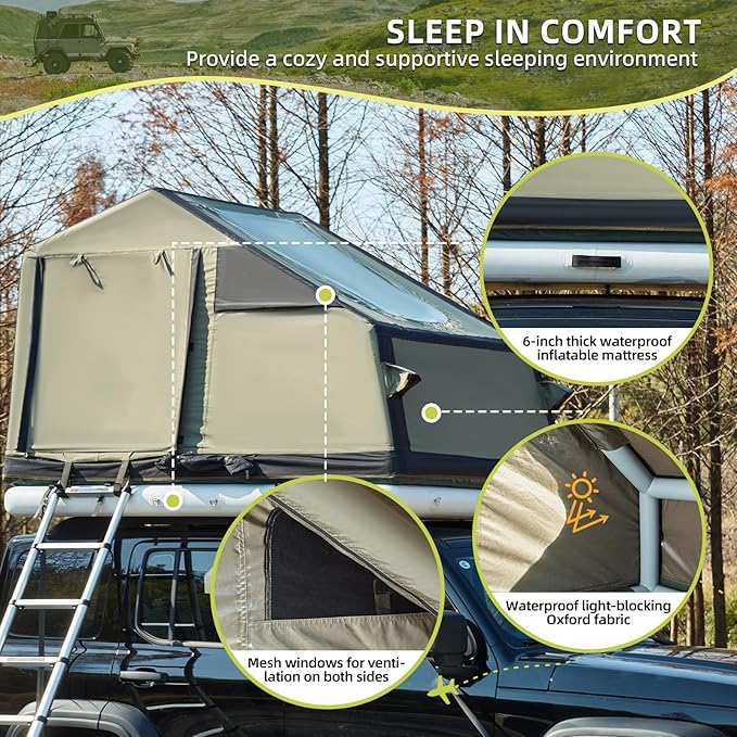 YOLENY Inflatable Camping Tent with Air Cushion, Extended Canopy, 2 TPU Skylight & Telescopic Ladder, Roof-Top Compatible Blow Up Tent, Waterproof Full Dull Poly Textured Oxford for 4 Season Use