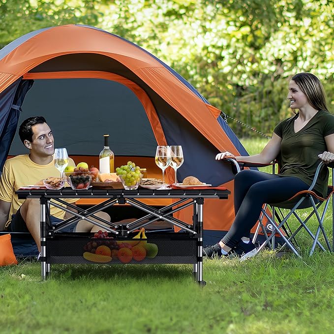 GARLLEN Folding Camping Table, 2 Adjustable Height Portable Roll-up Picnic Table with Storage Net, Lightweight Aluminum Outdoor Table with Carrying Bag for Camping, BBQ, Picnic, 32.2" L x 15.7" W