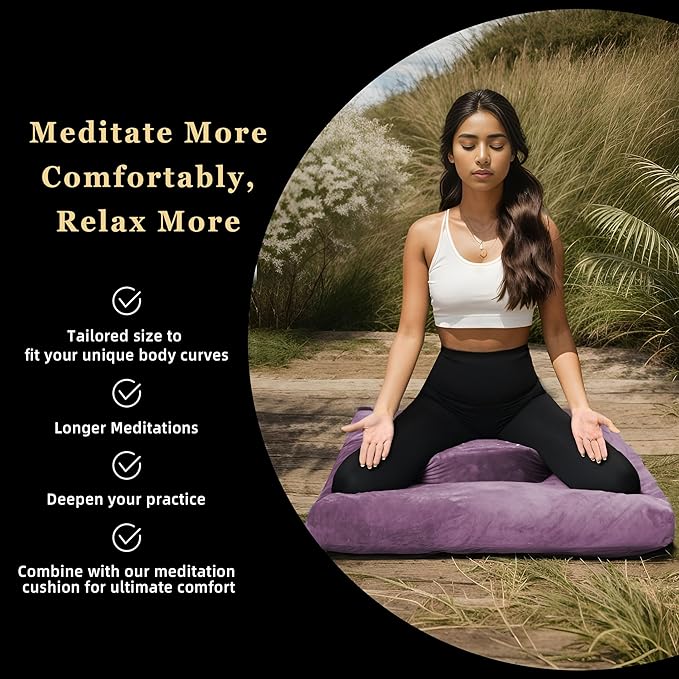 Meditation Zafu Cushion Set with Buckwheat Hulls & Memory Foam - Ergonomic Support for Yoga & Sitting - Removable Machine-Washable Luxury Velvet Cover - for Adults and Kids (Purple)