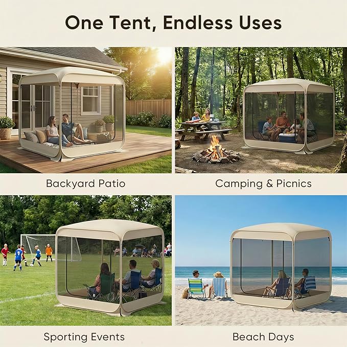 TABU Pop Up Screen House Tent, 6x6 FT Screen Room Canopy with Mosquito Mesh, Instant UV Resistant Shelter with Carry Bag, for 2-4 Person, Backyard, Sports, Hiking, Beige