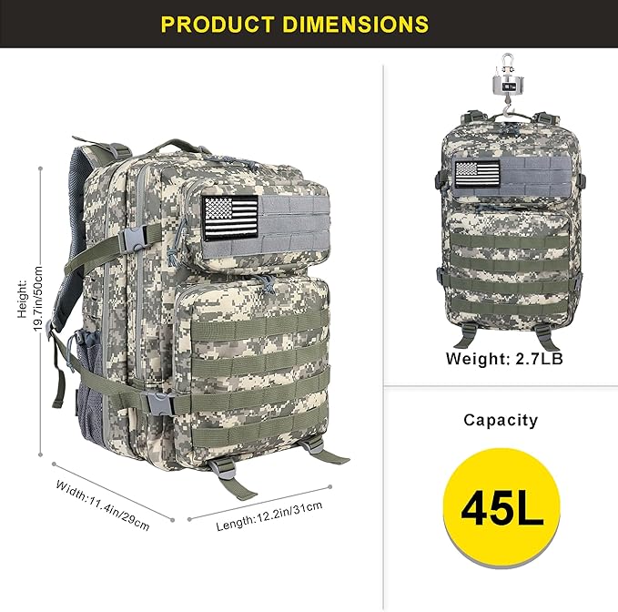 Zavothy 45L Military Tactical Backpack, Army 3-Day Assault Pack Bug Out Bag for Hiking Camping | Army, Bag, Large Rucksack, with Molle System
