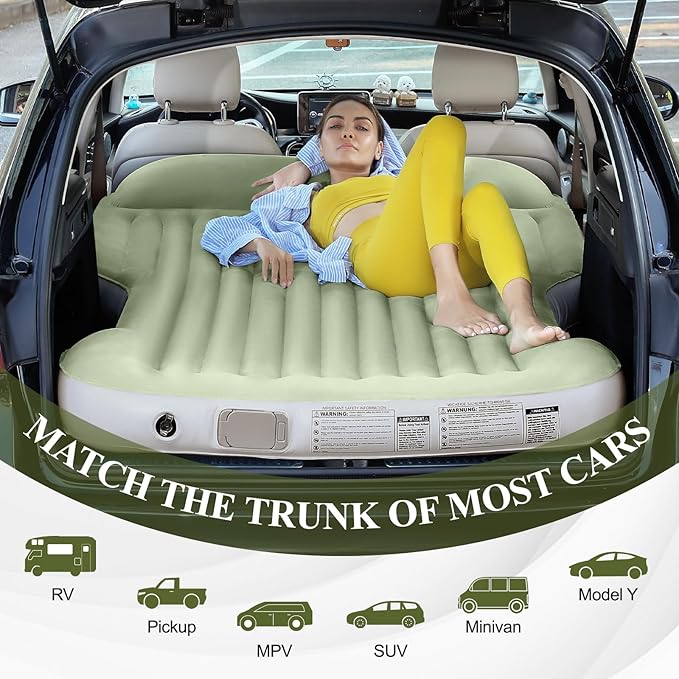 KMZ Inflatable SUV Air Mattress Thickened Flocking with Built-in Pump Self-Inflating Portable Sleeping Travel Bed Pad for SUV Truck Fast Inflation and Deflation