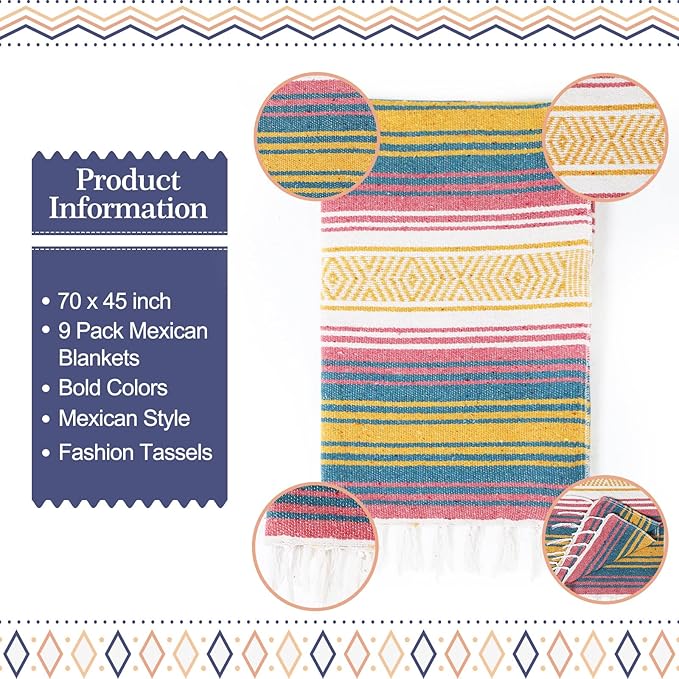 Peryiter 9 Pcs Mexican Blanket Bulk Large Yoga Blanket Striped Falsa with Fringed for Outdoor Beach Picnic Couch, 45 x 70 inch(Light Colors)