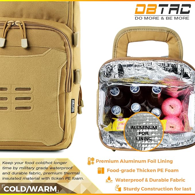 DBTAC Tactical Lunch Backpack, Large Lunch Cooler for Men Women | Backpack Coolers insulated for Work Picnic Travel (Brown, 24-Cans)