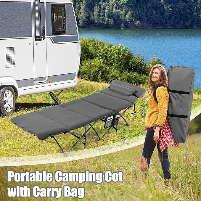 Goplus Camping Cot, Folding Camping Cot with Mattress, Pillow, Carry Bag, Storage Pocket, Camping Bed Military Cot for Home Office Nap Hiking, Heavy-Duty Portable Sleeping Cot for Adults Kids (Grey)