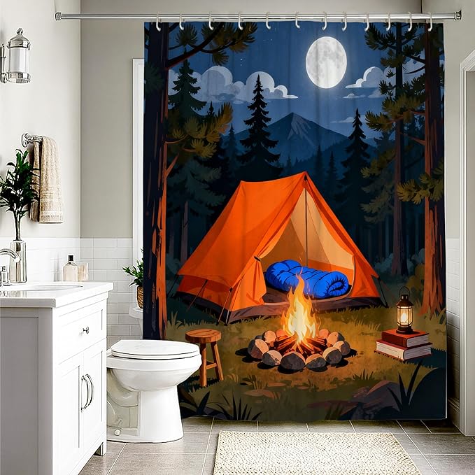 Tent Shower Curtain, Outdoor Adventure Campfire Moon Summer Orange Polyester Waterproof Clawfoot Tub Shower Curtains for Bathroom Bathtub Apartment Decor 54x78 Inch