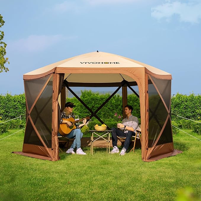 VIVOHOME 12x12ft Pop-Up Gazebo Screen Tent, 6-Sided Instant Outdoor Canopy Shelter with Large Main Door, Wind Panels, and Screens for Outdoor Parties, Camping, Lawn and Backyard