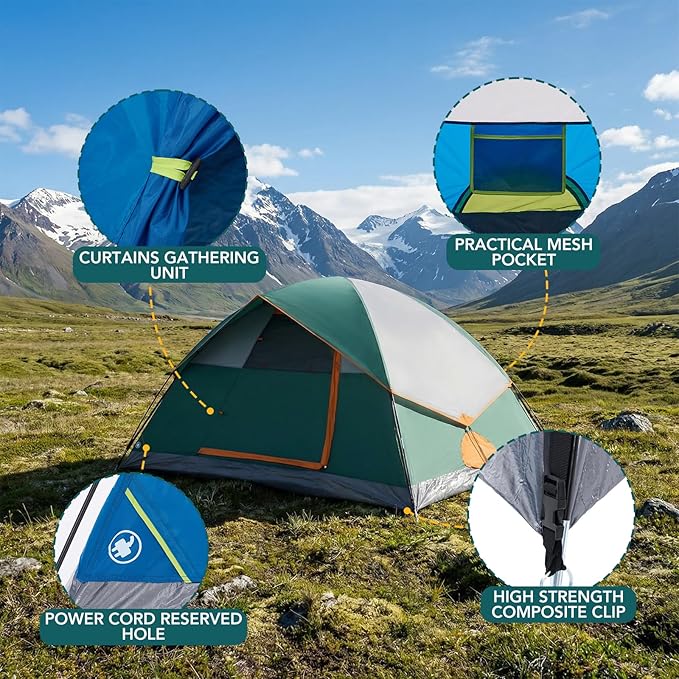 OLIXIS Camping Tent 2/4 Person, Waterproof Windproof Dome Tent with Multi-Directional Ventilation, Quick 5 Min Setup for Family Outdoor, Backpacking, Hiking