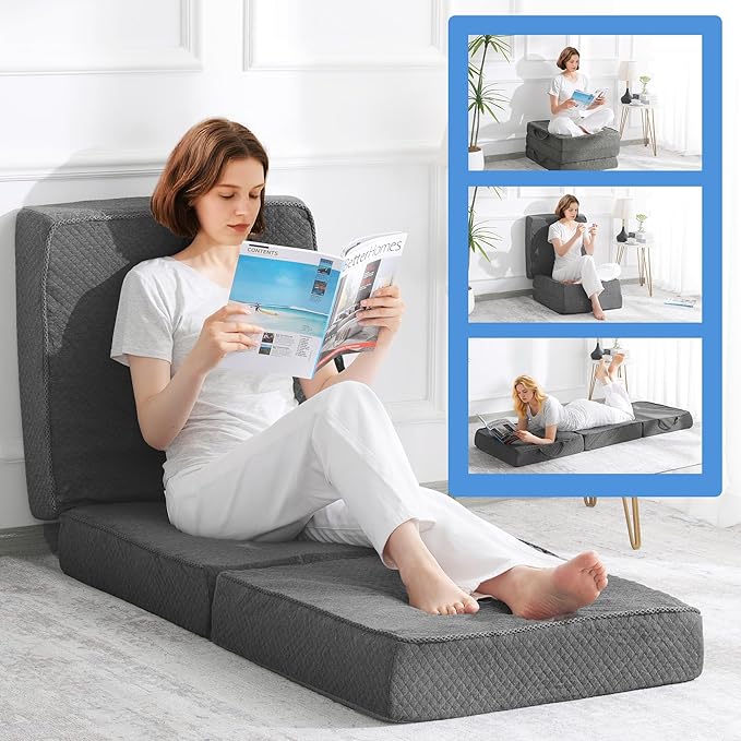 HOMBYS 5-Zone Memory Foam Tri-fold Mattress, 4 Inch Single Size Foldable Mattress with Washable Cover, Portable Floor Mat Bed with Elastic Band for Storage, Cot Pad for RV, Camping, Travel and Guest