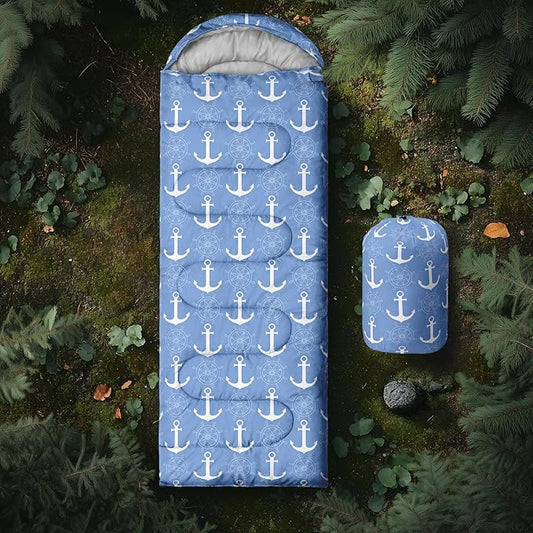 AILONEN Boys Sleeping Bag for Camping,Nautical Anchor,Lightweight & Waterproof,3 Season Warm & Cool Weather,Navy Blue Sleeping Bags for Kids Men Travelling,Outdoors