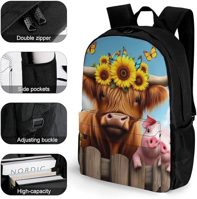 Supdreamc Men Women Polyester Sunflower Butterflies Highland Cow Pig Daypack Bookbag Big Capacity Shoulder Bag With Padded Straps for Climbing Travel Walking Cycling