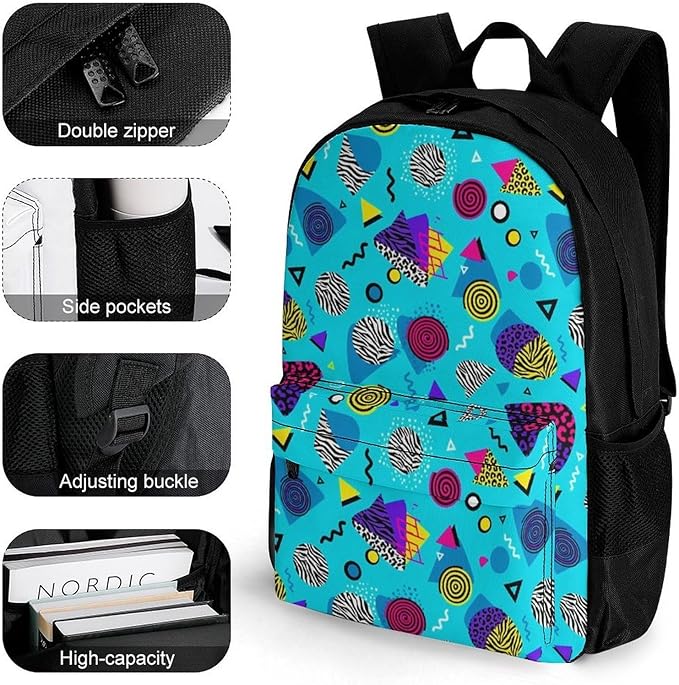 Lightweight Rucksack for Sports Travel Running, Big Capacity Multipurpose Anti-Theft Bookbag, Geometric Checkered Zebra Tiger Leopard Print Mint Green Retro 80S 90S Travel and Sport Backpack Rucksack