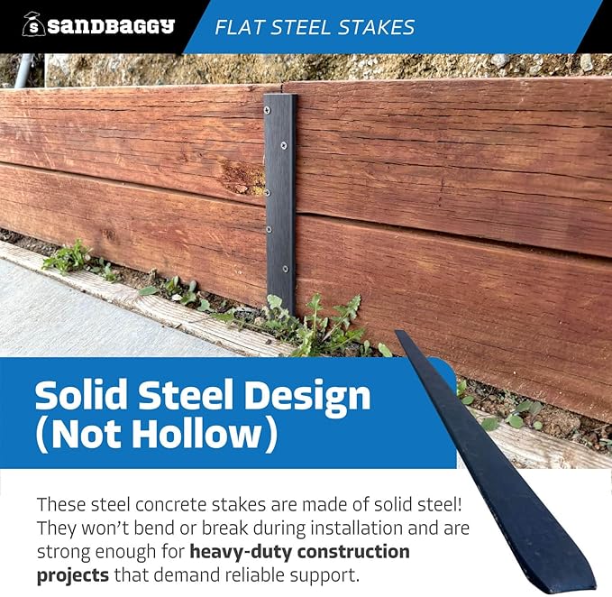 Sandbaggy Flat Steel Stakes for Concrete Forms with Nail Holes - 1.5" Wide - Painted - Removable, Reusable, V Point End - Construction Grade Stakes (25, 48 inch)