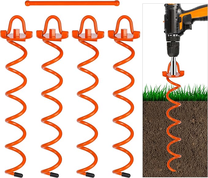 FEED GARDEN 16 Inch Spiral Ground Anchors Heavy Duty Screw in Spiral Stakes, 4 Pack Folding Ring Ground Stakes for Securing Dogs,Tents, Trampolines, Canopies, Swing Sets, Orange
