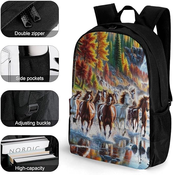 Supdreamc Daypack Backpack Polyester Multipurpose Anti-Theft Beautiful Horses Running In River Waters Shoulder Bag Big Capacity Gym Outdoor Hiking Backpack With Smooth Zippers