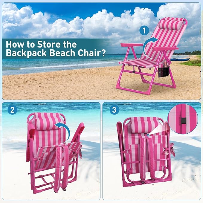 Suteck Backpack Beach Chairs for Adults 2 Pack, 6-Position Folding Reclining Chair with Cooler Bag & Cup Holder, Lightweight Portable Beach Chair for Camping, Outdoor, Sand, Travel Use
