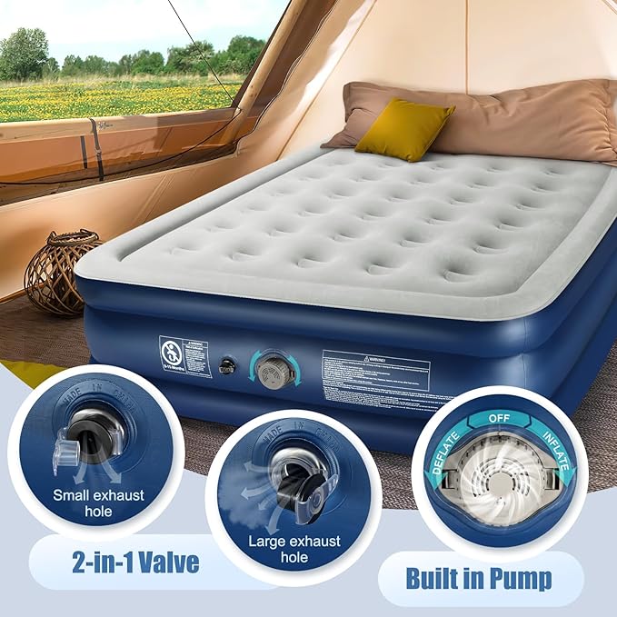 Queen Air Mattress with Built-in Pump,18''Raised Blow Up Mattress 2Mins Self inflation,48Hr Leak-Proof Test,Upgraded Thicker Inflatable Mattress Air Bed with storage Bag for Guests,Camping,660 lbs Max