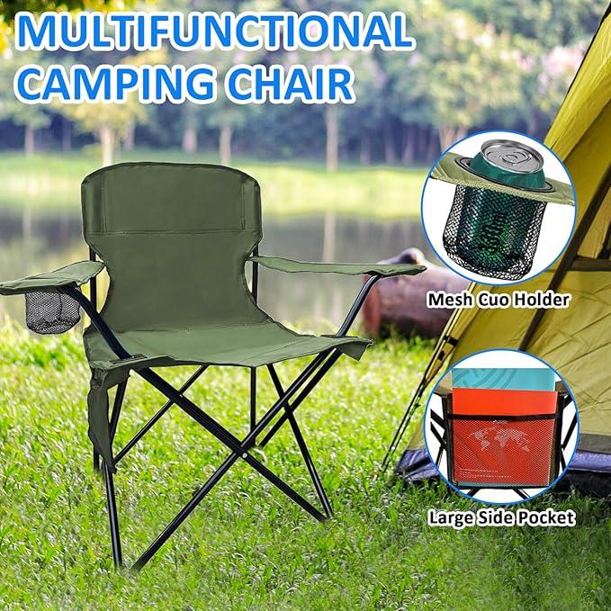 Folding Camping Chair, 225lb Capacity, Includes Cup Holder & Side Storage Bag, 5.5lbs Portable for Beach, Camping, Sport,2PCS Green