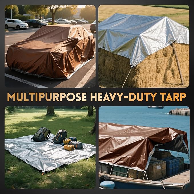 Tarp 12x20 ft Heavy Duty 10mil Silver/Brown 100% Waterproof High Durability Multipurpose Outdoor Tarpaulin,Uv Resistant,for Courtyards,Camping, Canopy, Trailer, Boats, Camping, Etc -by MVPNET