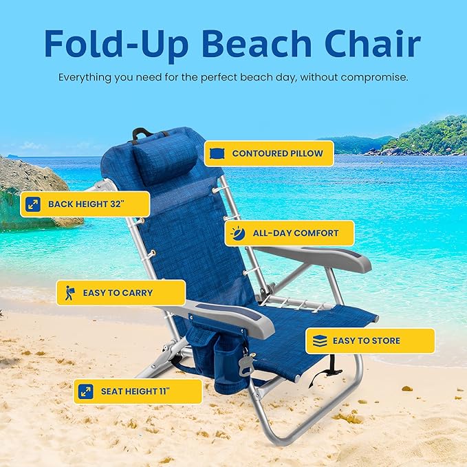 Homevative Backpack Fold-Up Beach Chair, 5 Positions, Towel bar, Cooler, Storage Pouch, Cup Holder and Phone Pocket
