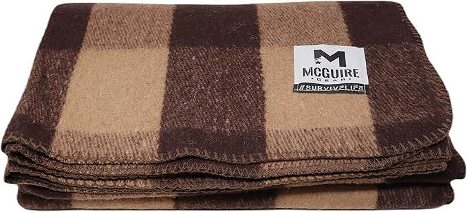 M MCGUIRE GEAR Warm Wool Bunkhouse Plaid Blanket for Camping, Home, Survival, or First Aid, 64" x 90" (Light Brown/Brown)