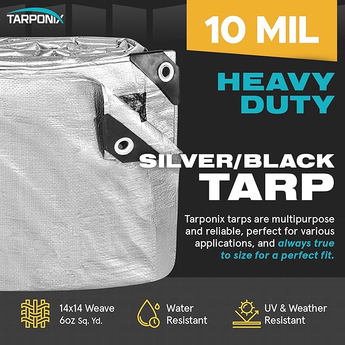 20' x 30' Dual-Sided Heavy-Duty Tarp – 10 Mil Tear-Resistant Silver & Black Cover with Reinforced Edges and Anti-Rust Grommets