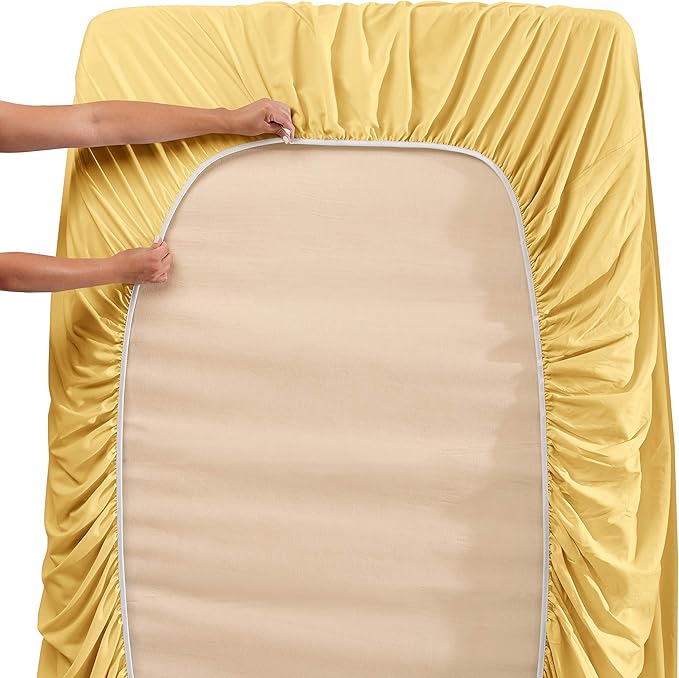 Clara Clark Flex Top King Sheets, 6 Piece Set - Hotel Luxury Sheets for Top Split King Bed, Super Soft Bedding Set, Head Split King Mellow Yellow