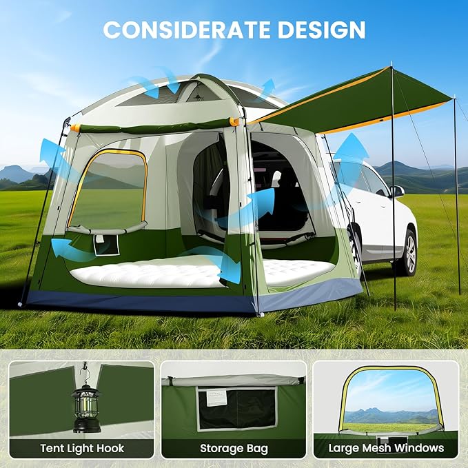 SUV Tents for Camping, Car Tents for Camping 4-6 People, PU 3000mm Waterproof SUV Tent Attachment Tailgate Tent for Car, Spacious Space 8.2'L x 8.2'W x 7.2'H with 2 Awnings & Double Door