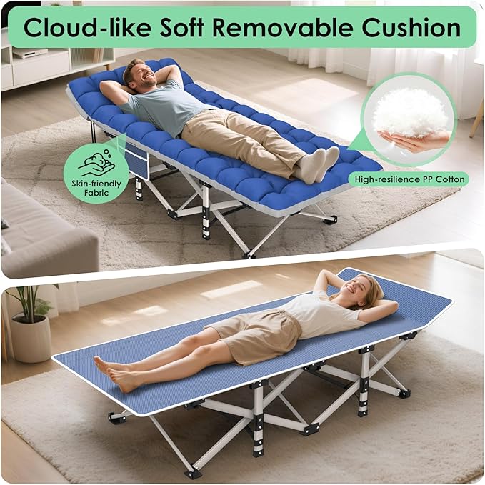 Suteck Camping Cot, Folding Camping Cot Bed for Adults Sleeping 1200D Double Layer Oxford Portable Folding Outdoor Cots for Camping W/Soft Pad Carry Bag for Home Office Nap Beach Travel, 500LBS,Blue
