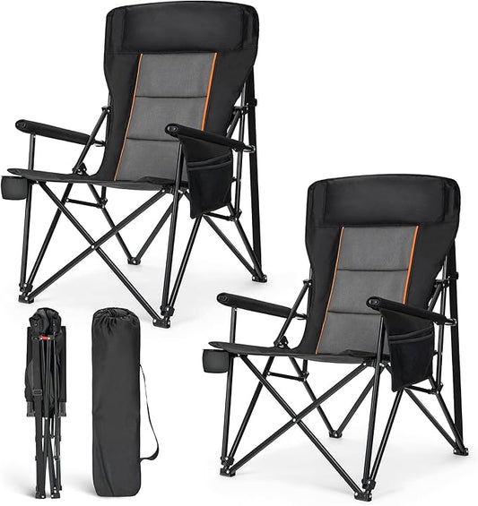 ALPHA CAMP Oversized Folding Camping Chairs for Adults High Backrest Heavy Duty Lawn Chairs Support 500 LBS Portable Camp Chairs with Cup Holders Large Side Pocket Outdoor Chair 2 Pack