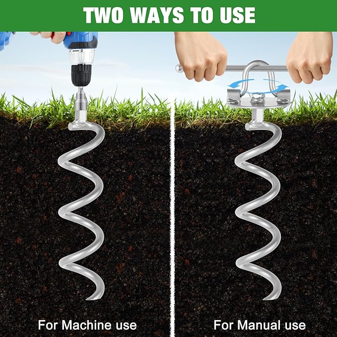 MIXXIDEA Gound Anchors Screw in, Metal Spiral Earth Anchors Kit, Heavy Duty Folding Ring Spiral Stake with Straps, Ground Stakes for Tent (Silver, 11.4 Inch with 92in Strap)