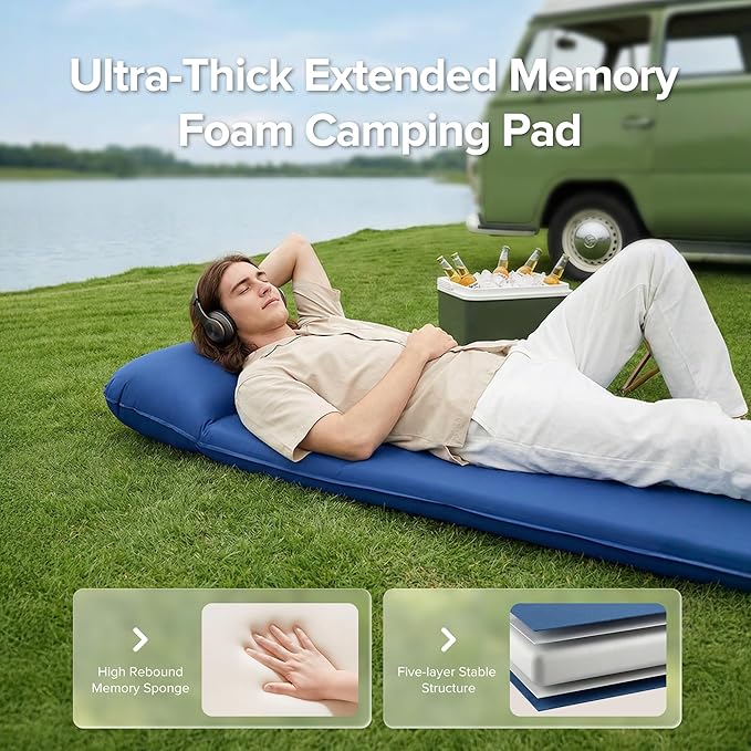 Self-Inflating Sleeping Pad for Camping, 3.1" Ultra-Thick Outdoor Camping Mat with Pillow & 9.5 R-Value, Insulated All-Season Foam Camping Mattress for Camping Travel Tent Car
