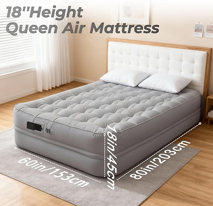 Queen Air Mattress with Built-in Pump - 3 Min Fast Inflation, 18" Portable Foldable Air Bed, 650lbs Capacity w/Rechargeable Battery, Plush Pongee Fabric for Camping & Guest Room (Gray)