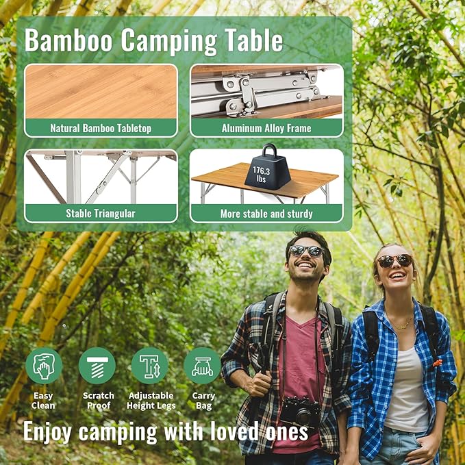 KingCamp Adjustable Height Folding Table, 4-Fold Bamboo Camping Outdoor Portable RV Camp Table with Carry Bag & Storage for Outdoor Car Backyard Picnic Tailgating Beach