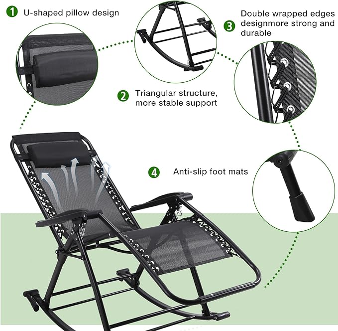 Outdoor Rocking Chairs, Foldable Reclining Zero Gravity Lounge Rocker with Pillow, Cup & Phone Holder, Combo Design with Folding Legs