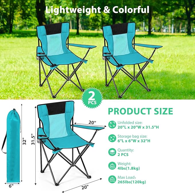 Shellwei 2 PCS Folding Camping Chair with Cupholder and Carry Bag Regular Size Colorful Breathable Portable Lightweight Lawn Chair with Side Pocket for Fishing Hiking Beach Outdoor Activity