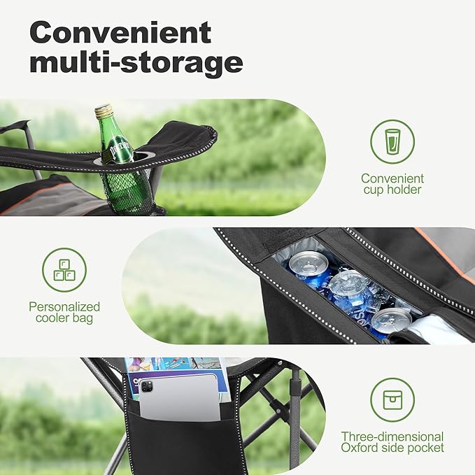 LET'S CAMP Folding Camping Chair Oversized Heavy Duty Padded Outdoor Chair with Cup Holder Storage and Cooler Bag, 450 LBS Weight Capacity, Thicken 600D Oxford,2 Pack