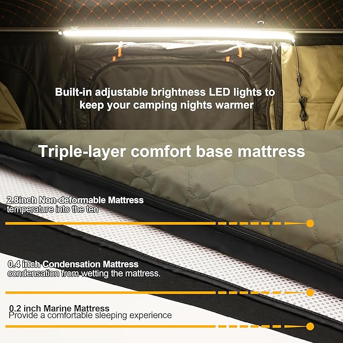Naturnest Hard Shell Single Roof Tent, 2 Door ABS Roof Tent with 3-Color LED Lights and Built-in USB Plug for Vans, Jeeps, SUVs and Trucks