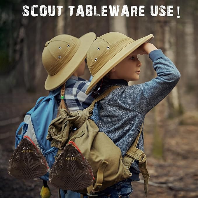 Scout Camping Mess Kit for 1 Person Boy Scout Dishes Set Girl Scout Mess Kit with Mesh Bag Reusable Light Weight Eating Utensils Plastic Camping Cutlery Set for Travel Camp