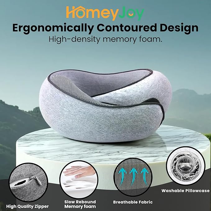 Upgraded Neck Pillow Airplane 2025 | Comfort Neck Pillow – Sold Exclusively by HomeyJoy – with Support | 360° Travel Neck Pillows for Airplanes,Offices & Cars | 100% Pure Memory Foam Travel Pillow