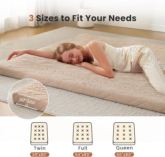 Japanese Floor Mattress Futon Mattress, 100% Cotton Washable Cover, Roll Up 2.5" Thick Tatami Mat, Portable & Foldable Floor Bed Mattress for Sleeping, Guest Room, Dormitory (Full, Coffee)