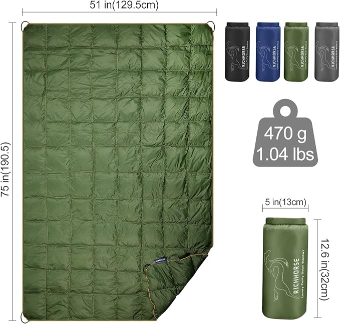 Down Camping Blanket - Packable Backpacking Quilt, Lightweight, Portable, Warm Puffy Camp Blanket, Down Quilt, Water-Resistant, Comfort