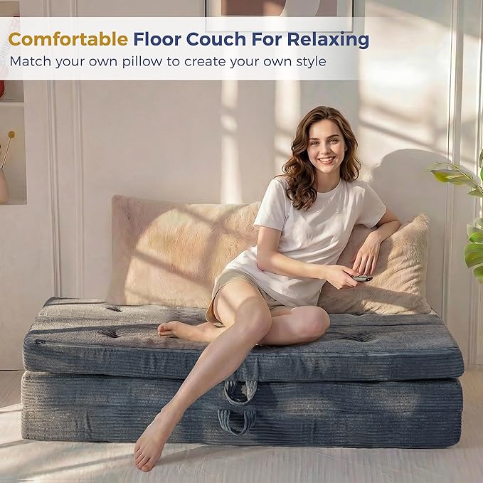 MAXYOYO Folding Mattress, 4 Inch Tufted Foldable Mattress Full Foam Bed, Tri-Fold Floor Couch with Handles Guest Bed Topper Portable Camping Mat with Corded Fabric, Twin Size, Dark Grey