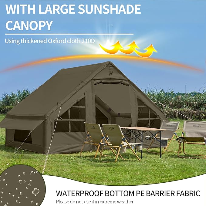Inflatable Tents for Camping with Stove Jack, 2/4/6/8 Person Easy Setup Blow Up Tents for 4 Seasons Waterproof Inflatable Camping Tent with Awning, Air House Glamping Tents for Camping Adult